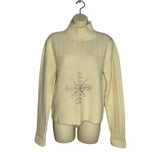 Moda International Snowflake Embellished Cream Turtleneck Sweater